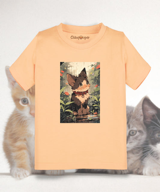 Kids Unisex Cat in Garden Printed Tshirt