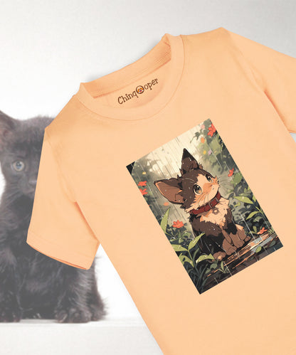 Kids Unisex Cat in Garden Printed Tshirt