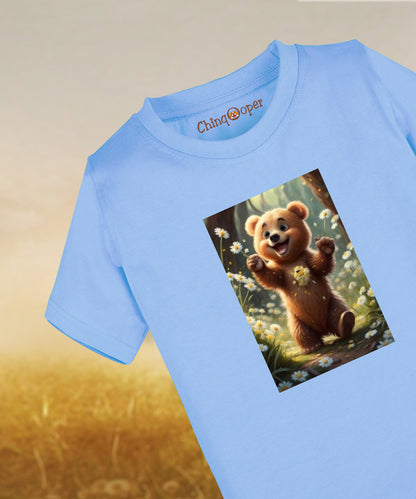 Kids unisex Happy Bear Cub in Meadow Tshirt